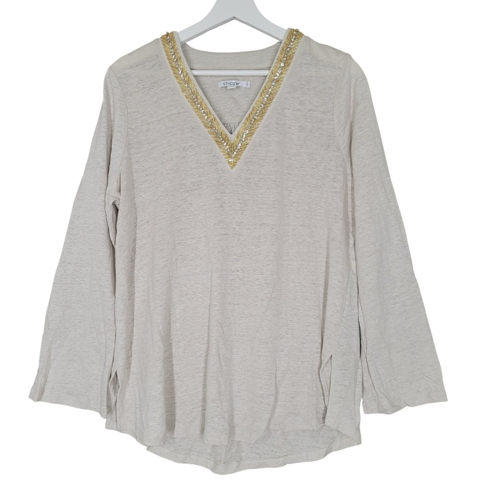 Chico's Linen Embellished Top Women L Beige Beaded Long Sleeve Slub Knit